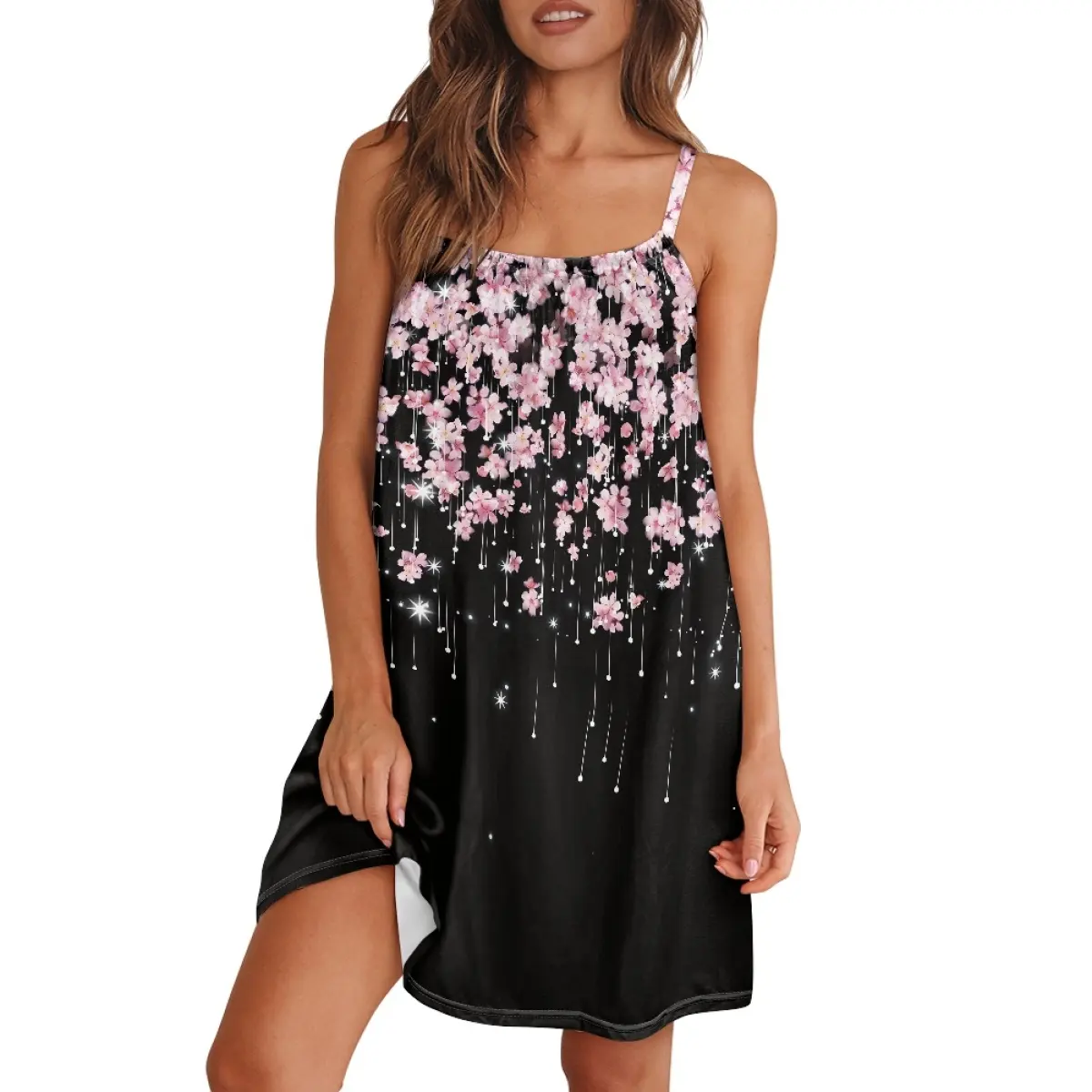 Drop Shipping Robe à fleurs pour femmes personnalisée Sakura All Over Pretty Black & Pink Robe à bretelles spaghetti à col carré et coupe basse