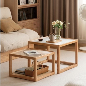 Mesa de centro cuadrada moderna de roble para sala de estar, mesa nido, mesa auxiliar de madera original, mesa de centro de ratán - Product Image 3