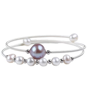 Freshwater Pearl <b>Adjustable</b> Cuff Bangle - Rhodium Plated Silver Wrapped Ethnic Opening <b>Bracelet</b> for Women - Product Image 1