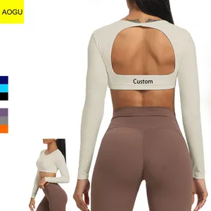 2023 Custom Workout Clothing Gym Yoga Wear Women Crop T Shirt Top Stretchy Backless Long Sleeve Customized Logo Top Plus Size