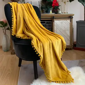 绒布毯配绒球流苏轻质舒适床毯柔软流苏扔毯用于装饰CozyPlush保暖法兰绒