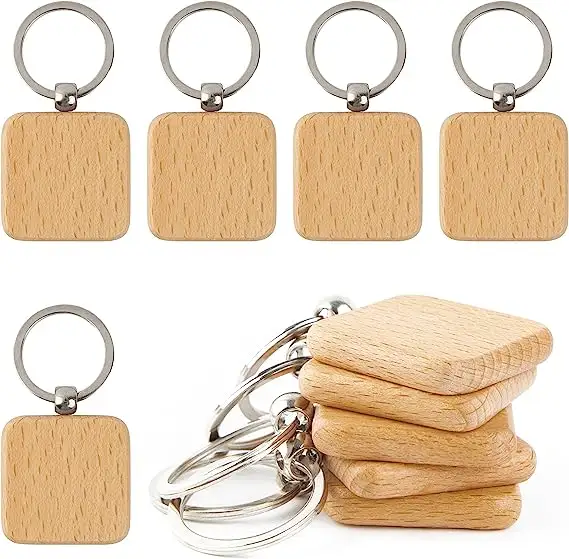 कस्टम व्यक्तिगत रिक्त लकड़ी चाबी का गुच्छा वर्ग लकड़ी कुंजी श्रृंखला लेजर उत्कीर्णन लोगो लकड़ी कीरिंग स्मारिका उपहार के लिए