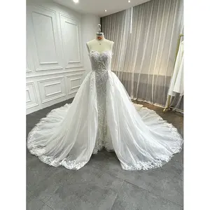 Wholesale Luxury Heavily Beaded Mermaid Lace Gown Modest Sweetheart 2 In 1 Sparkle Wedding Dress with Detachable Cathedral Train