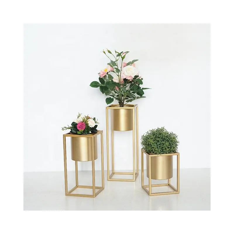 Vaso de flores de ouro personalizado, plantador de tamanhos pequenos de ouro com suporte de metal para decoração de mesa, vaso de flores para jardim