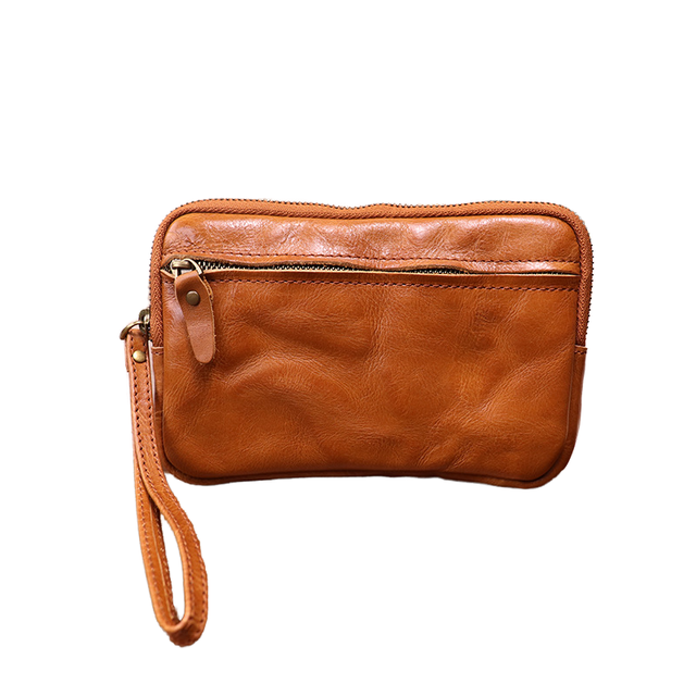 Handmade High Quality Genuine Leather Vintage Zipper Wallet with Polyester Lining Soft Phone Wallet for Men Women