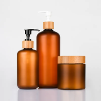 Ensemble cosmétique 250ml pot à crème cosmétique avec couvercle en bambou 120ml 500ml ambre givré PET bouteille de shampooing en plastique avec pompe en bambou