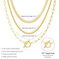 Collier 3 couches en laiton plaqué or 14K, chaîne serpent 4mm, chaîne torsadée 3mm, fermoir O-T trombone 4.5mm, vente en gros