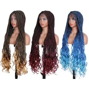 Ombre Bruine Bordeauxblauwe Kleur 30 "Lange Gekrulde Knooploze Doos Vlecht Pruiken Volledige Dubbele Kant Gevlochten Pruik Met Baby Haar Voor Vrouwen