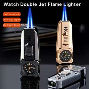 Accendino per orologio da sigari in metallo riutilizzabile doppio getto blu dritto - Product Image 4