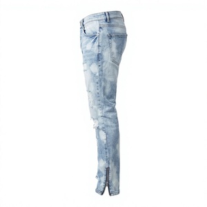 Jean en denim coupe droite pour homme, déchiré, style streetwear, taille haute, avec fermeture éclair asymétrique, en denim épais - Product Image 2