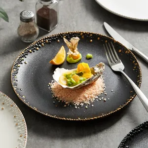现代豪华餐厅独特优质的摩洛哥黄金陶瓷盘子婚礼用粗糙陶瓷