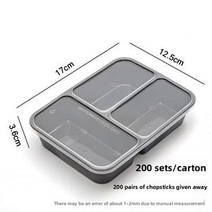 Boîte à lunch jetable noire à 3 compartiments de 500, 650 et 750 ml, conteneur rectangulaire à emporter avec couvercle pour accompagnements - Product Image 1
