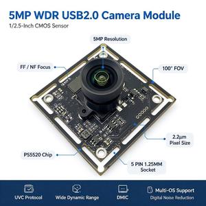 Module de caméra UVC 5MP WDR Plug and Play, capteur PS5520, WDR 105 dB, paramètres d'image réglables, DMIC intégré - Product Image 1