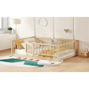 Cama Montessori de suelo tamaño matrimonial de madera con baranda y puerta para niños - Product Image 4