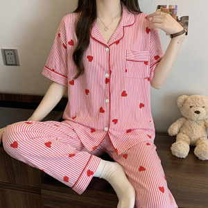 Piyama Cardigan Wanita Berkerah Kancing 2pcs Set Cerep Motif Kartun Kasual Lengan Pendek Bahan Tipis Baju Tidur Rumah - Product Image 2