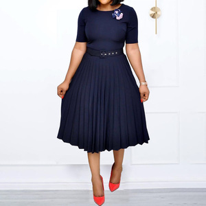 <b>Plus</b> <b>Size</b> Women's Round Neck Pleated Midi Dress With <b>Belt</b> Leisure Wear - Product Image 2
