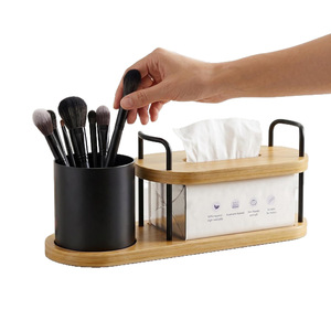 Boîte à mouchoirs en bois, support de rangement de bureau, porte-pinceaux de maquillage, plateau organisateur multifonctionnel, en pin, design moderne - Product Image 2