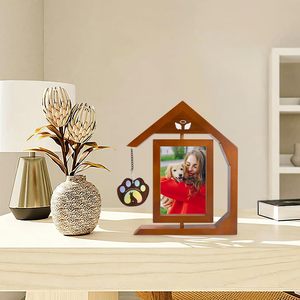 Solid <b>Wood</b> Pet Photo Frame House Shape Rotating Tabletop For Dog <b>Cat</b> Lovers Memorial Keepsake Decor - Product Image 1