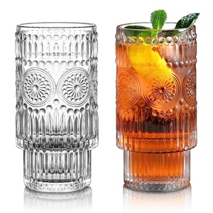 Vaso de Vidrio Tallado Vintage, Vasos Highball <span class=keywords><strong>Apilables</strong></span>, Vaso para Bebidas con Diseño de Girasol - Product Image 6