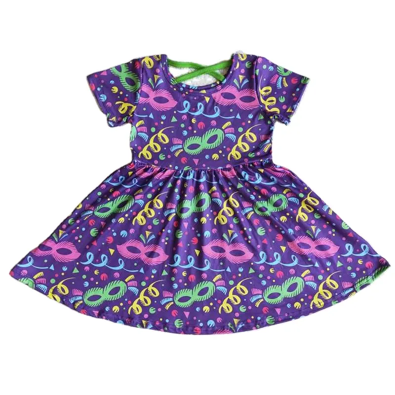 RTS Wholesale Baby Girls Holiday Mardi Gras Short Sleeve 2022 Purple Twirl Cross Back Children Boutique Party Dresses Baby Dress