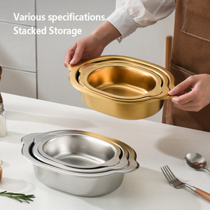 Tazón Ovalado <span class=keywords><strong>de</strong></span> Acero Inoxidable Estilo Coreano con Doble Asa, Fondo Plano, para Ensaladas, Fideos, <span class=keywords><strong>Pollo</strong></span> Frito - Product Image 2