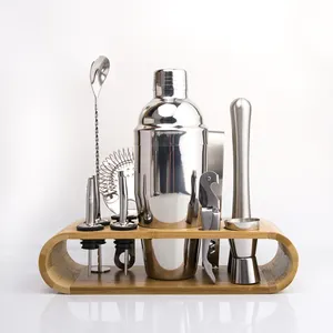 11pcs Bar Tool Bartender Kit Wholesale Stainless Steel with Bamboo Stand Cocktail Shakers 11 Pieces / Set Metal 100 Sets Support