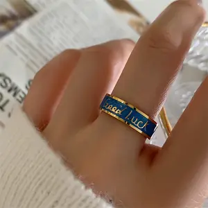 2023 6Mm Vrouwen Eenvoudige Blauwe Emaille Ringen Voor Vrouwen Goud Kleur Roestvrij Staal Alfabet Ring Voor Mannen Unisex Temperatuur Sieraden