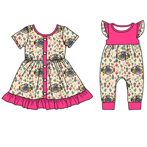 Preventa MOQ 5 Vestido Romper Estilo Western Rosa Azteca para Niñas Pequeñas, Venta al por Mayor, Ropa de Verano para Hermanas, Ropa Infantil de Boutique - Product Image 1