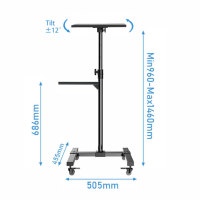 Projecteur d'appareil photo mobile Support pour ordinateur portable 2 étagères Chariot roulant avec plateau Hauteur réglable Chariot de présentation Support de projecteur