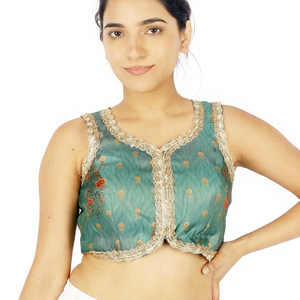 Haut court vert traditionnel en brocart floral, sans manches, brodé, avec logo frontal, pour femme, idéal pour les fêtes et mariages - Product Image 1