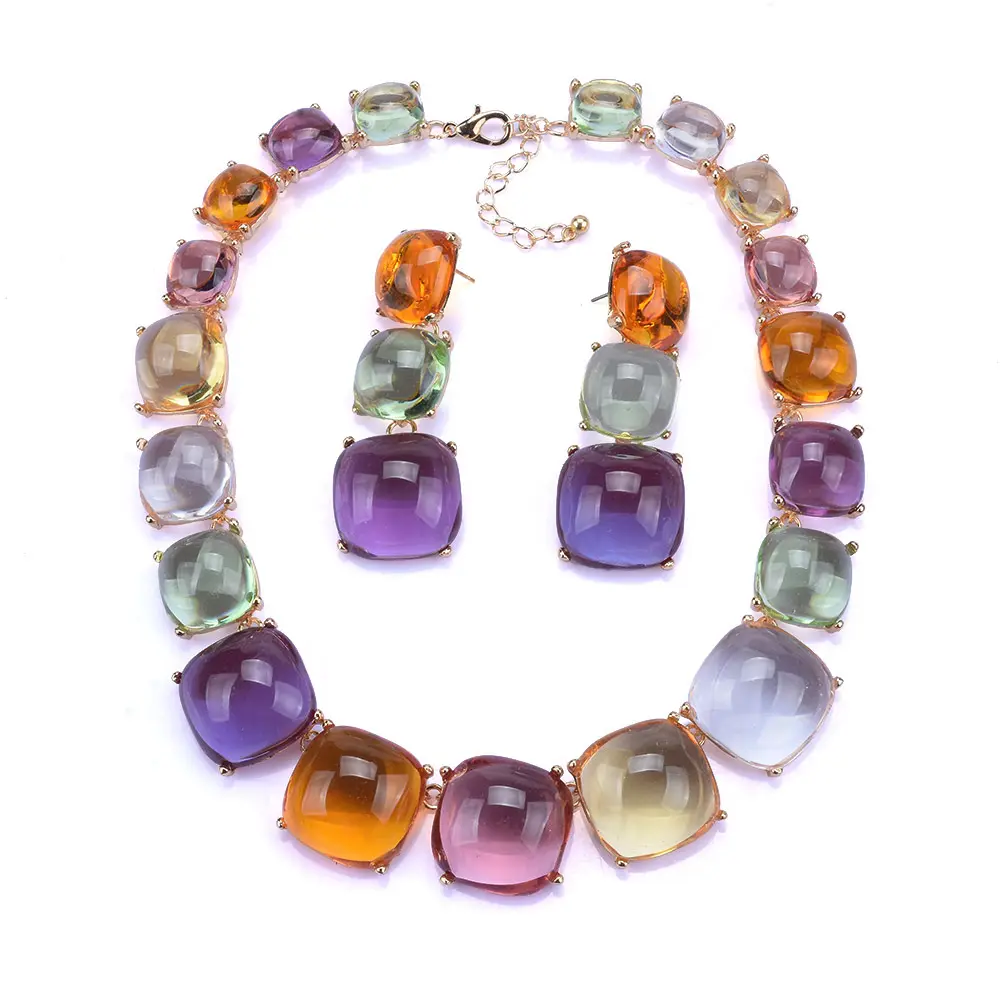 2023 ZA Fashionable design Colorful square Resin necklace luxurious temperament jewelry necklace sets