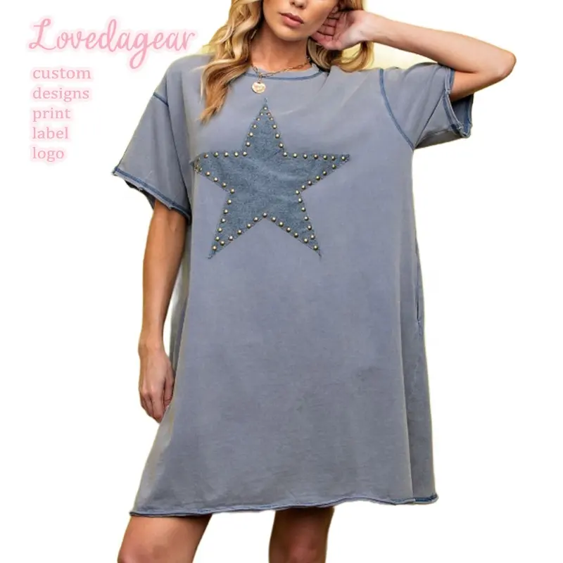 Lovedagear Custom Logo Gray Washed Denim Easel Star Patch T Shirt Dress For Women