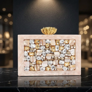 Luxury <b>Pink</b> Resin Clutch Bag With Crystal Mosaic And Gold Flower Top Handmade Evening <b>Purse</b> For Women Unique Style Latest Design - Product Image 1
