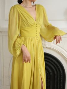 BSG <span class=keywords><strong>Garment</strong></span> <span class=keywords><strong>Fashion</strong></span> Plus Size Elegante Chique Hoge Kwaliteit V-hals Lange Mouwen Chiffon Feestjurk met Spleet Maxi Jurk voor Dames - Product Image 1