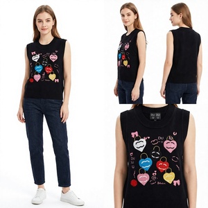 <b>Sweet</b> Knitted Women's Sleeveless Vest With Embroidered <b>Hearts</b> Crew Neck Tank Top Black - Product Image 2