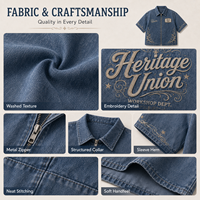 Chemise zippée vintage en jean bleu délavé, coupe ample, avec patch brodé, pour homme, style streetwear