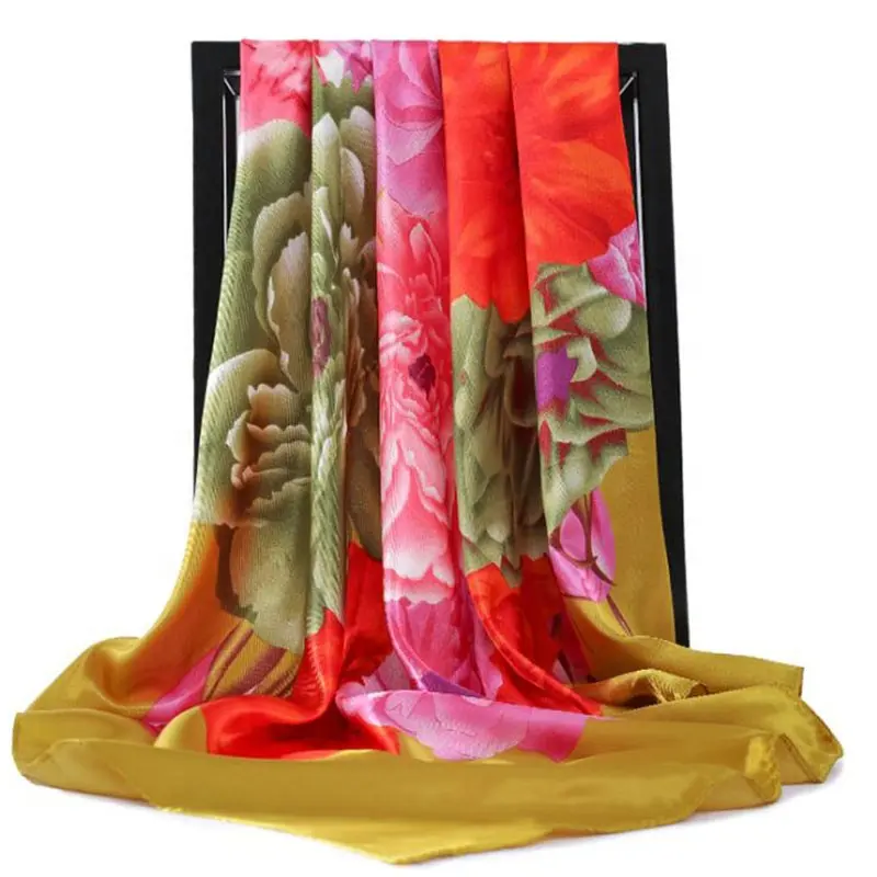 ที่มีคุณภาพสูงที่มีสีสันพืชดอกไม้ตารางเลียนแบบผ้าไหมซาตินผ้าพันคอสำหรับผู้หญิง
