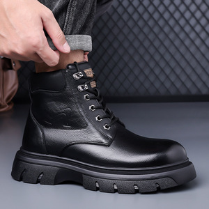 Bottes Martin pour hommes, bottes de travail chaudes d'hiver, bout rond, cuir, doublure en fourrure, semelle en caoutchouc isolante - Product Image 3