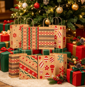 Sacs cadeaux de Noël en papier kraft brun écologiques, imprimés flocons de neige géométriques classiques, sacs fourre-tout pour le shopping, emballage cadeau - Product Image 4