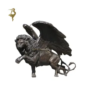 Escultura de animales de tamaño real, artesanía de metal, estatuas de León volador de bronce con ala