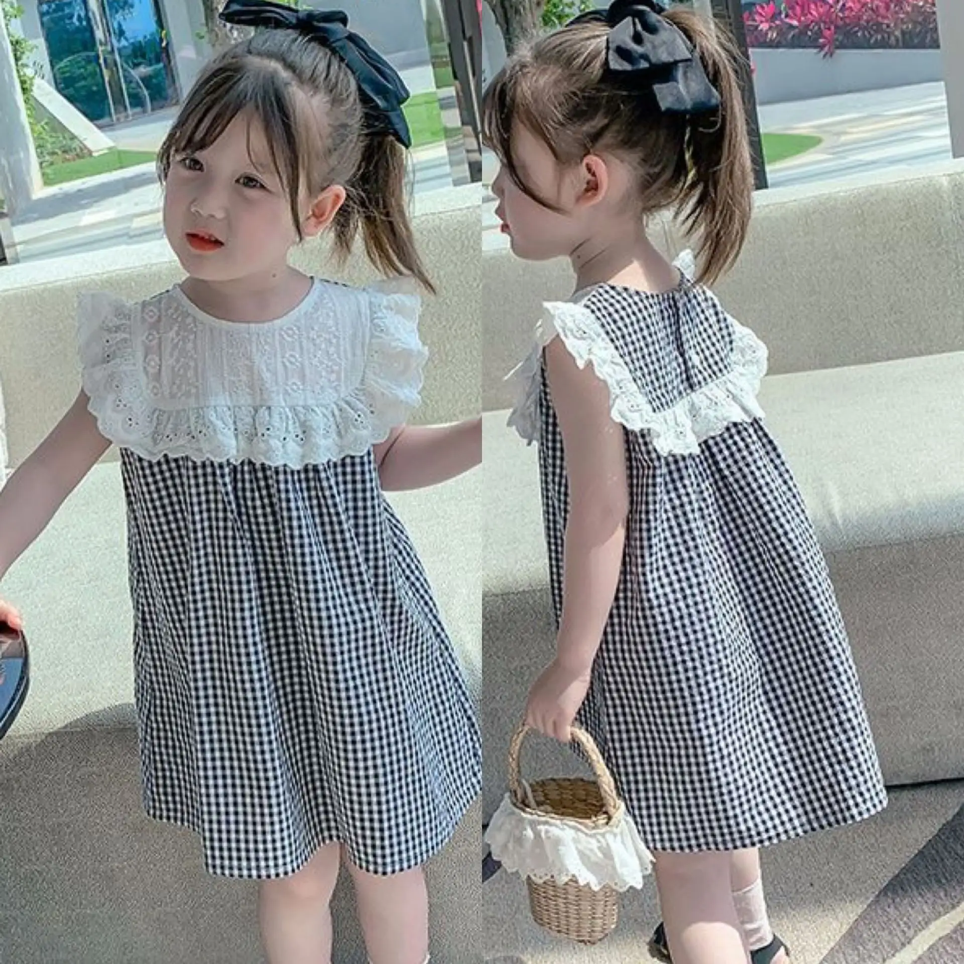 2021 Summer Girls Lace Dress Sleeves Patchwork Plaid Kids Clothes Dress