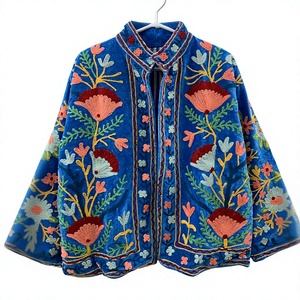 Blue Velvet Knitted Embroidered Bomber Jacket Floral Pattern Mandarin Collar Full Sleeve Breathable Wool Autumn <b>Winter</b> Style - Product Image 2