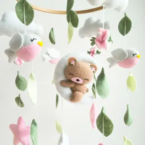 CE CPC hot selling 2023 stuffed sleepy bear bird hanging wool ball soft toys wooden crib felt quran baby mobiles for girls