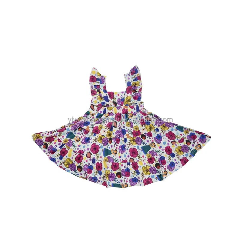 Personalizado OEM Floral patrón de dibujos animados estampado niñas Vestido corto Flutter recortado tirantes bebé niños leche seda moda vestido de giro