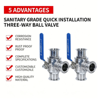 Vanne à boisseau sphérique sanitaire manuelle en acier inoxydable 3 voies, type Tri-Clamp, raccord à sertir, port T/L pour produits laitiers, brasserie, eau