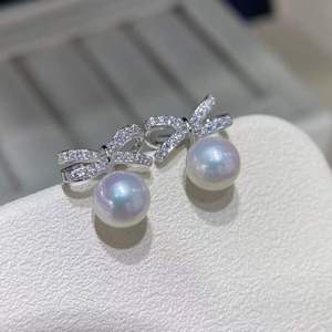S925 Sterling <b>Silver</b> Bowknot Pearl <b>Drop</b> <b>Earrings</b>, 8-9mm Aurora Freshwater Pearl, Near Round, Almost Flawless factory wholesale - Product Image 2
