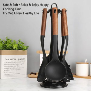Spatule-cuillère à manche en bois, ustensiles de cuisine en nylon noir pour ustensiles de cuisson antiadhésifs, cuisine domestique - Product Image 2