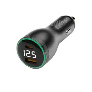 100W 2 port USB+Type-c QC3.0 PD3.0 mobile phone laptop car charger fast charging with Led Voltmeter Monitor