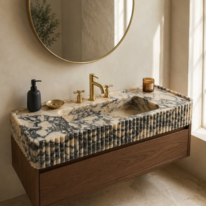 Lavabo de Mármol Viola Pulido y Acanalado, Fácil de Limpiar, de Piedra Natural, con un Solo Orificio, para Baño - Product Image 2