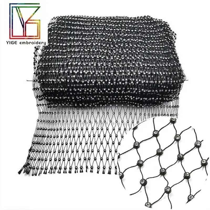 2023 yeni özelleştirilebilir siyah elastik kuvvet örgü kristal kumaş taşlar dantel taklidi Net dantel kumaş